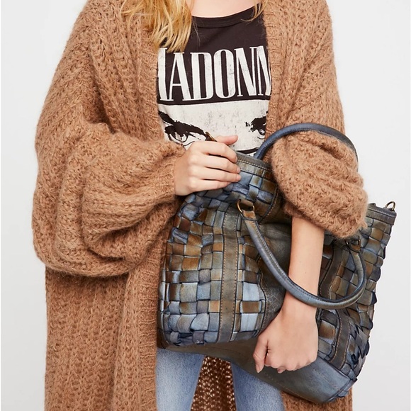 Free People Handbags - FREE PEOPLE Large Blue Woven Soft LEATHER Tote Hand Bag Giulia Distressed Tote
